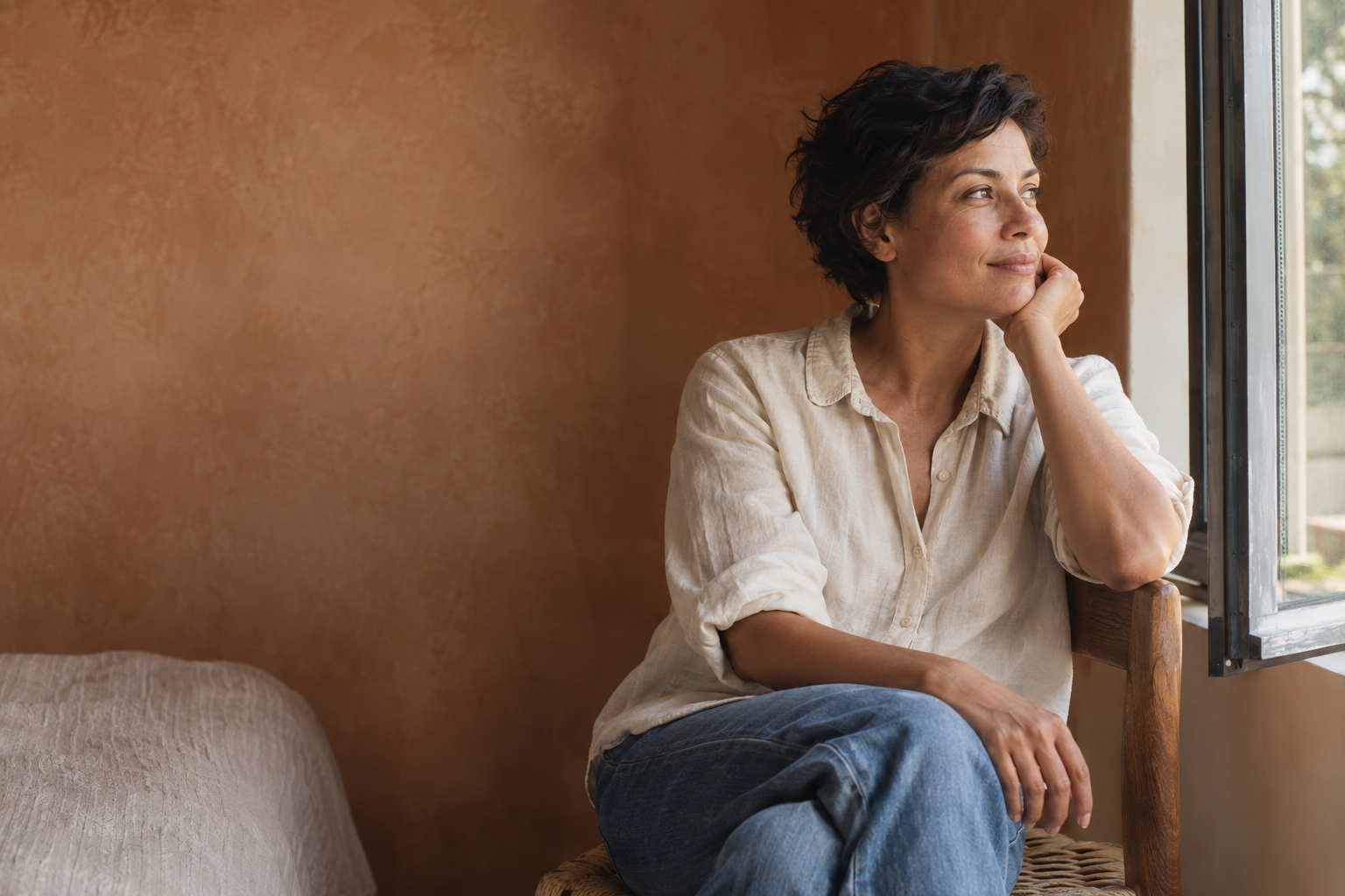 Editorial portrait of a woman beside an open window in warm afternoon light